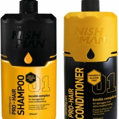 Duas embalagens NISH MAN PRO-HAIR shampoo e condicionador, cores preto e amarelo, com dispensadores.