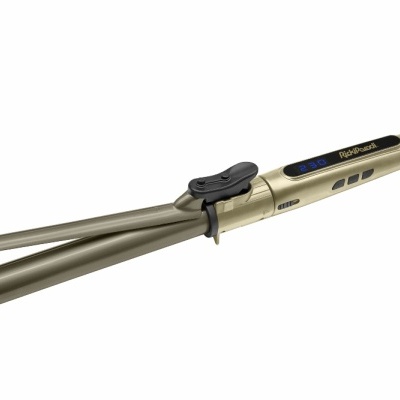 modelador de cabelo dourado com visor digital e cabo preto em fundo branco