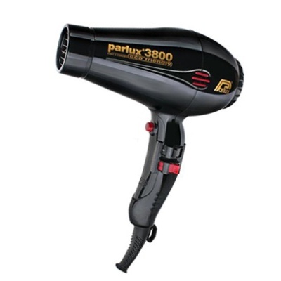 Secador de cabelo preto Parlux 3800 com detalhes dourados e vermelhos
