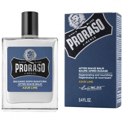 Bálsamo pós-barba Proraso Azur Lime em frasco transparente com embalagem azul