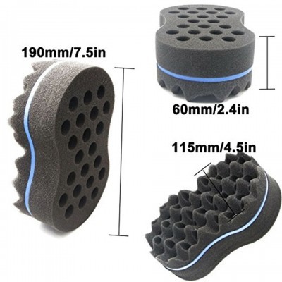 Espuma preta com furos e textura hexagonal com faixa azul e medidas