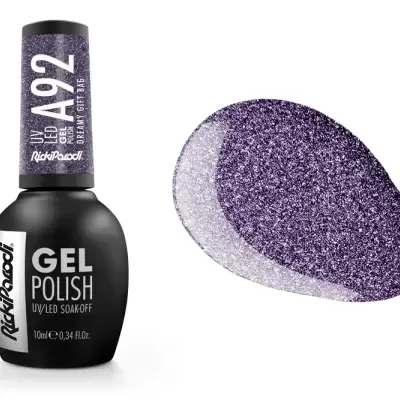 Esmalte gel roxo com glitter e embalagem preta com texto