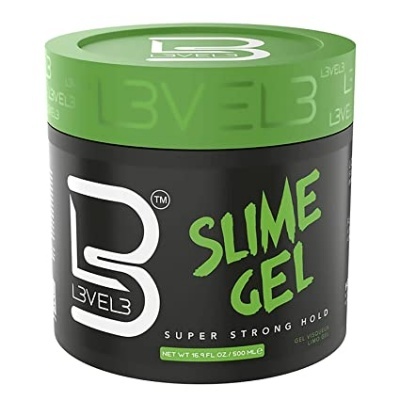 Frasco preto com tampa verde de gel para cabelo marca Level3 Slime Gel