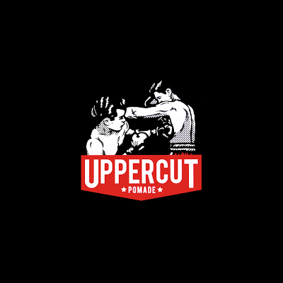 Logotipo de boxe com texto UPPERCUT POMADE em caixa vermelha