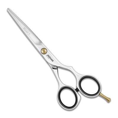 Tesoura de cabelo prateada com detalhes dourados e preto