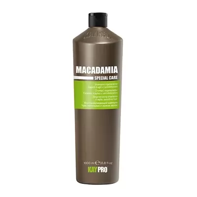 Garrafa castanha de produto para cabelo MACADAMIA SPECIAL CARE com rótulo verde e tampa preta
