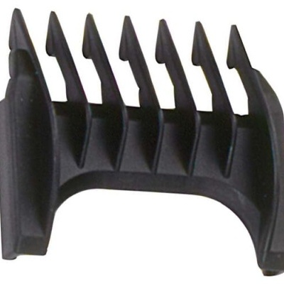Pente guia preto para máquina de cortar cabelo com seis dentes.