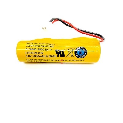 Bateria de lítio amarela cilíndrica com fios vermelho e preto