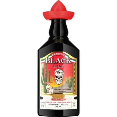 Garrafa preta com tampa vermelha e rótulo colorido de máscara facial