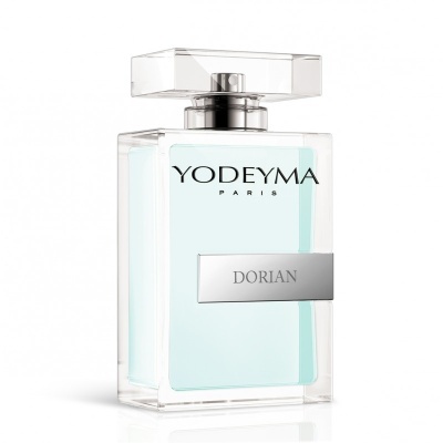 Frasco de perfume transparente com líquido azul claro e rótulo com texto DORIAN