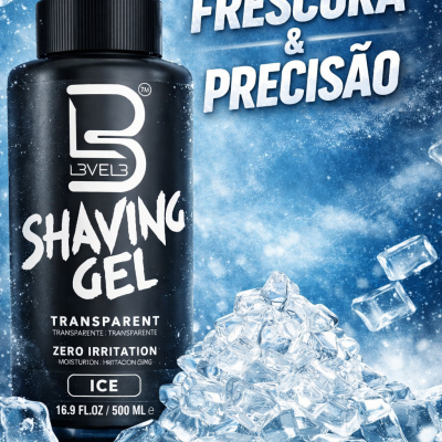 Garrafa preta de gel de barbear LEVEL3 com cubos de gelo ao lado e texto FRESCURA & PRECISÃO