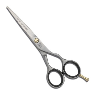 Tesoura de corte profissional em metal prateado com detalhes dourados e texto gravado