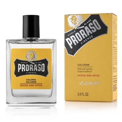 Frasco e embalagem de colónia Proraso Wood and Spice amarelos e pretos