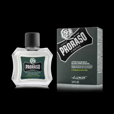 Frasco e caixa de bálsamo pós-barba Proraso Cypress & Vetiver