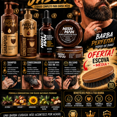 Pack de cuidados para barba média Nish Man Jason com shampoo, condicionador, óleo de barba e bálsamo, além de escova oferta e homem com barba grande ao lado.