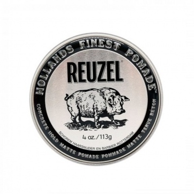 Frasco metálico redondo de pomada para cabelo Reuzel com imagem de porco no rótulo