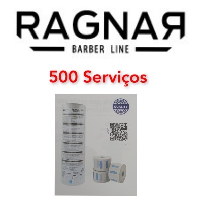 Rolos de papel térmico com etiquetas ao lado da marca RAGNAR BARBER LINE e a indicação 500 Serviços.