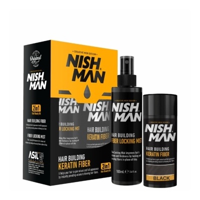 Conjunto de produtos para cabelo NISH.MAN com frasco de spray e frasco de fibras de queratina preto
