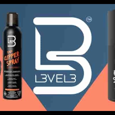 Produtos de cuidado capilar da marca LEVEL 3 em embalagens pretas variadas com tampas coloridas.