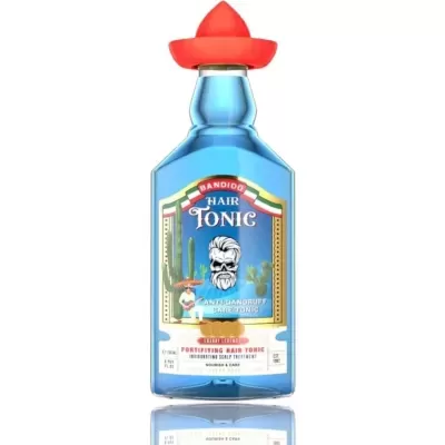 Frasco azul de tónico capilar com tampa vermelha em forma de chapéu mexicano