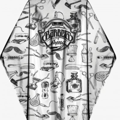 Capa de barbeiro branca com estampados pretos de ferramentas de barbearia e texto 'BARBER King'
