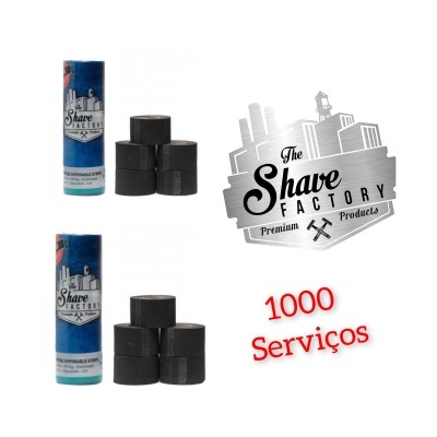 Produtos The Shave Factory com rolos pretos e logotipo