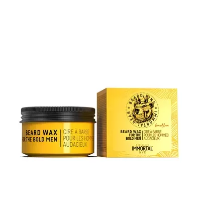 Cera para barba em pote amarelo com tampa preta e caixa amarela com design de touro