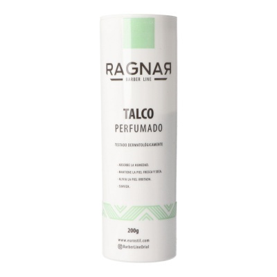 Frasco branco de talco perfumado RAGNAR Barber Line 200g