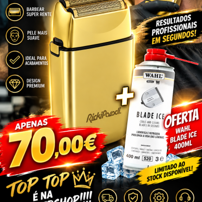 Máquina de barbear elétrica dourada com texto promocional e spray Wahl Blade Ice ao lado