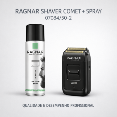 Spray de óleo branco para barba e barbeador elétrico preto com dourado, texto RAGNAR.
