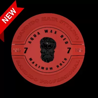 Embalagem redonda vermelha de cera para cabelo com ilustração e texto