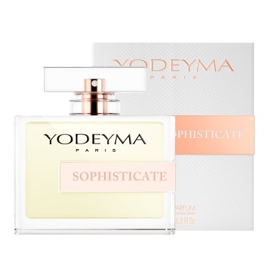 Frasco de perfume Yodeyma Sophisticate com embalagem e rótulo rosa