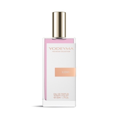 Frasco de perfume Yodeyma Lido com líquido rosa e tampa dourada