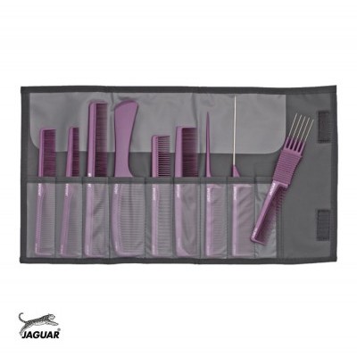 Conjunto de pentes roxos organizados em bolsa cinzenta com logotipo JAGUAR