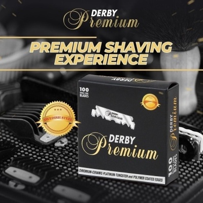 Embalagem preta de lâminas de barbear DERBY Premium com selo Swedish Steel
