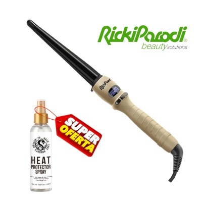 Ferro modelador cónico bege e preto com visor digital e spray protetor térmico com rótulo branco e tampa dourada e etiqueta promocional vermelha