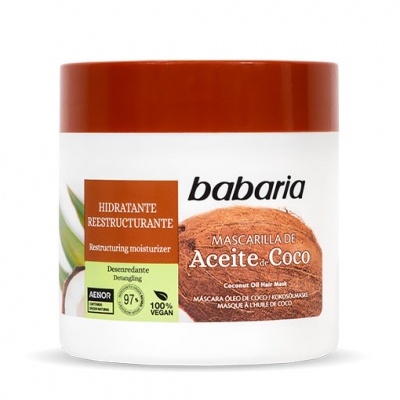 Frasco branco com tampa castanha de creme para cabelo Babaria com rótulo e imagem de coco