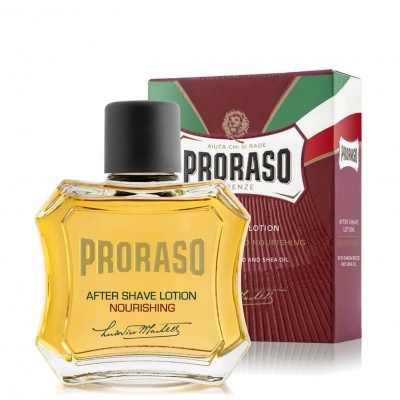 Frasco de loção pós-barba PRORASO e sua embalagem colorida