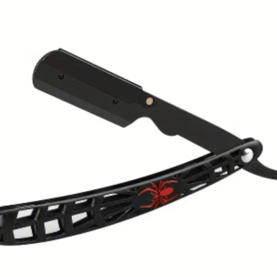 Navalha de barbear preta com cabo e aranha vermelha