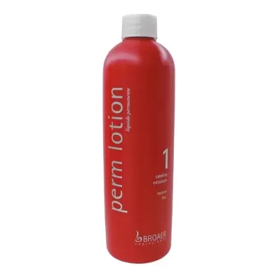 Frasco vermelho de perm lotion com tampa branca e texto branco