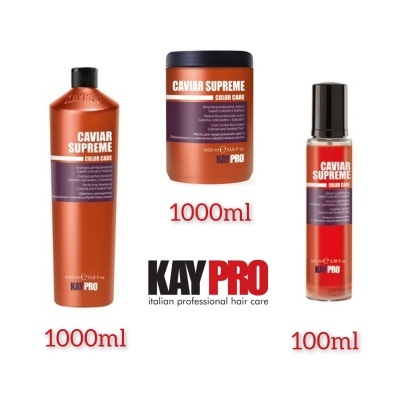 Três produtos KayPro Caviar Supreme para cuidado de cabelo em embalagens vermelhas e pretas
