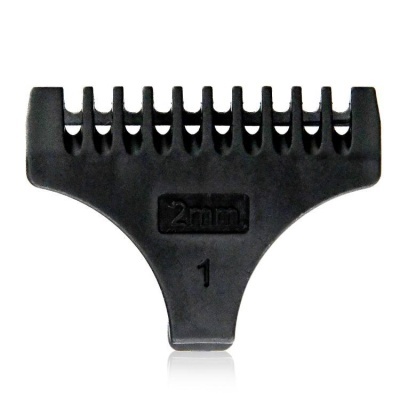 Peça preta para máquina de cortar cabelo com indicação 2 mm e número 1