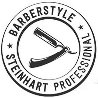 Logotipo preto e branco com navalha e texto Barberstyle Steinhart Professional