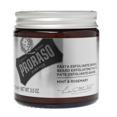 Pasta esfoliante para barba em frasco com rótulo branco e preto e tampa metálica