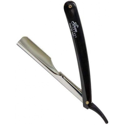 Navalha de barbear com lâmina metálica e punho preto com texto branco