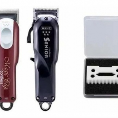 Conjunto com dois cortadores de cabelo e caixa de acessórios