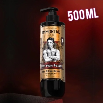Frasco preto de after shave Immortal N.Y.C com tampa de bomba e etiqueta castanha e preta