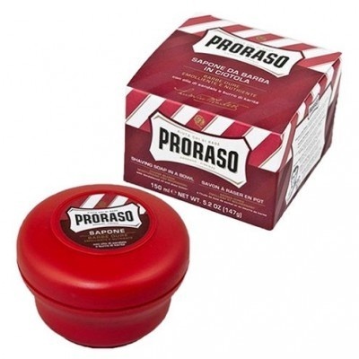 Sabão de barbear Proraso em embalagem vermelha com caixa vermelha e branca