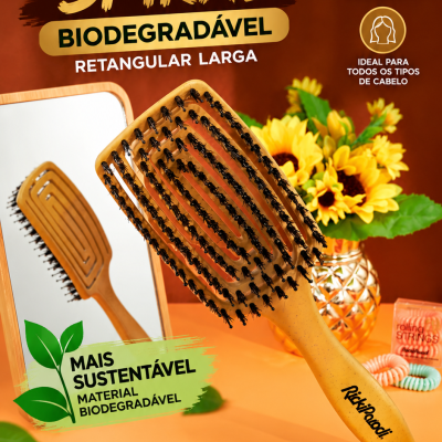 Escova côncava spiral biodegradável retangular larga RickiParodi com texto promocional em fundo castanho e flores amarelas
