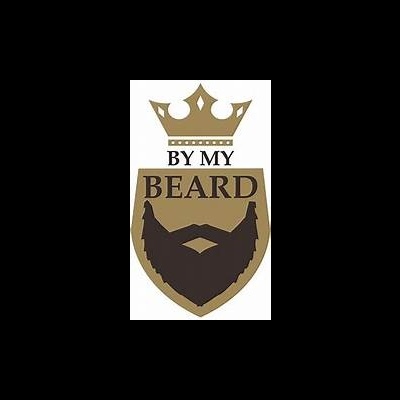 Logotipo com coroa dourada, texto BY MY e BEARD com desenho de barba preta
